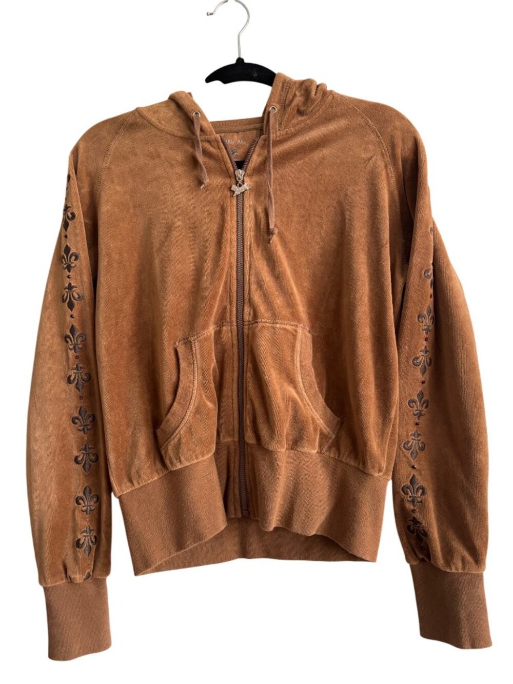 Central Park Brown Velour Zip-Up Hoodie With Fleur-De-Lis Embroidery